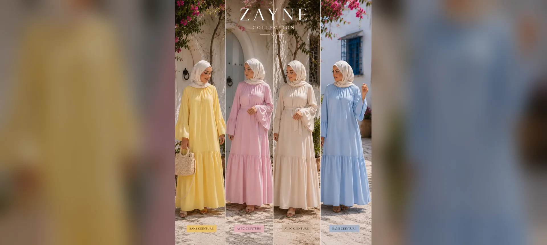 Four ZAYNE long dresses in yellow, pink, cream and blue